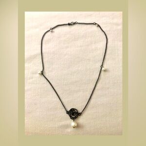 Handmade Black rose pendant necklace with faux-pearl